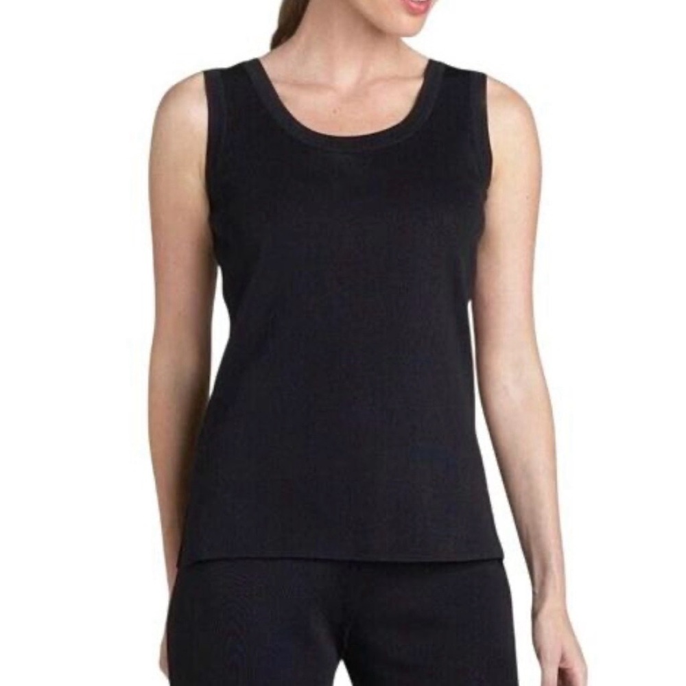 Misook Classic Black Tank Top, Double Scoop Neck, Acrylic Knit Shell, Size XS